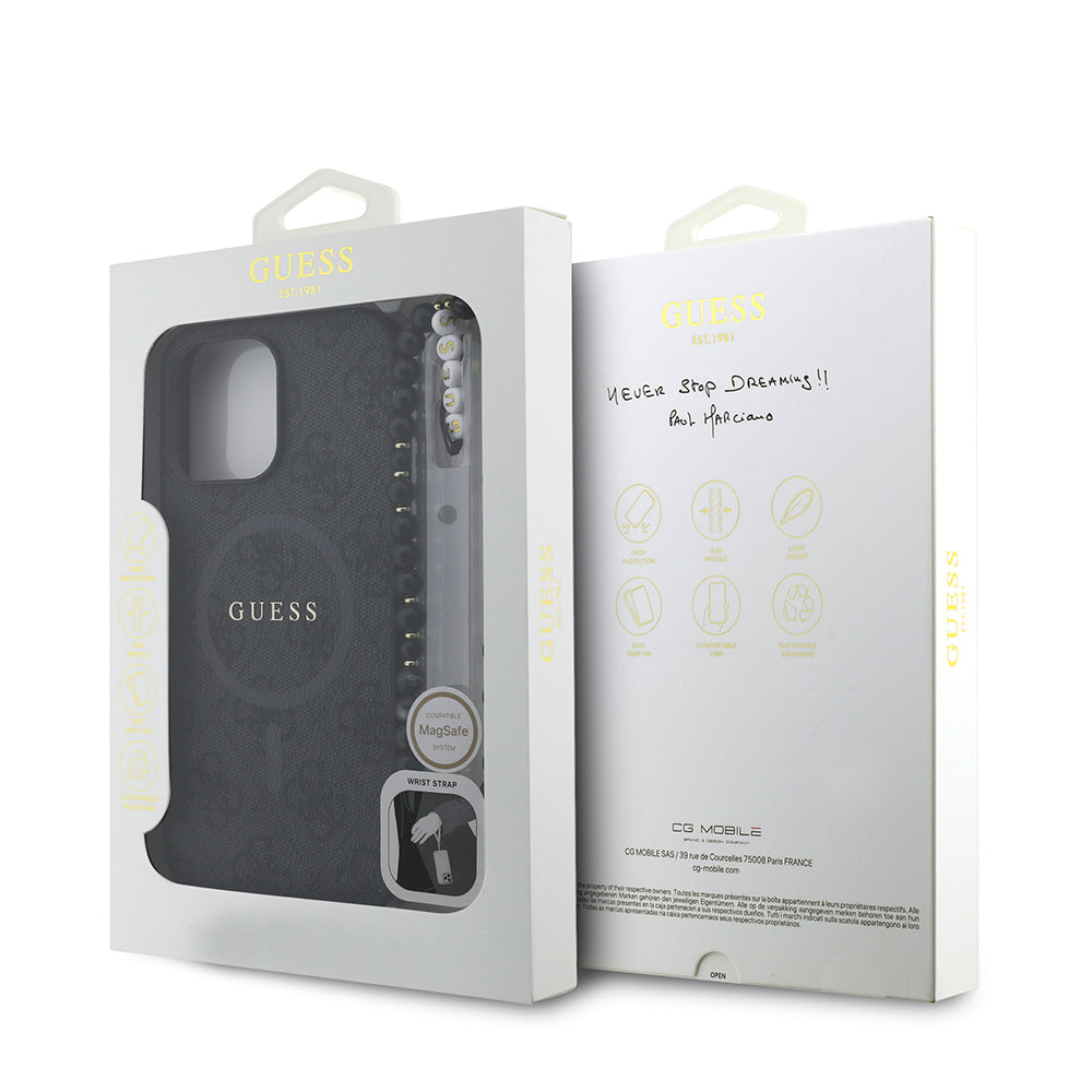 Apple iPhone 14 Pro Max Kılıf Guess Orjinal Lisanslı M-safe Şarj Özellikli PU Deri Bilek Askı İpli Yazı Logolu Kapak Pembe