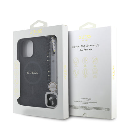Apple iPhone 14 Pro Max Kılıf Guess Orjinal Lisanslı M-safe Şarj Özellikli PU Deri Bilek Askı İpli Yazı Logolu Kapak Pembe