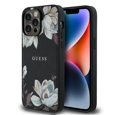 Apple iPhone 14 Pro Max Kılıf Guess Orjinal Lisanslı M-safe Şarj Özellikli Taneli Çiçek Tasarımlı Metal Yazı Logolu Kapak Siyah