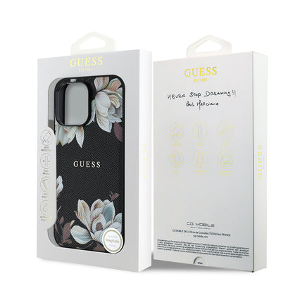 Apple iPhone 14 Pro Max Kılıf Guess Orjinal Lisanslı M-safe Şarj Özellikli Taneli Çiçek Tasarımlı Metal Yazı Logolu Kapak Siyah