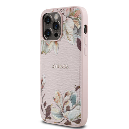 Apple iPhone 14 Pro Max Kılıf Guess Orjinal Lisanslı M-safe Şarj Özellikli Taneli Çiçek Tasarımlı Metal Yazı Logolu Kapak Siyah