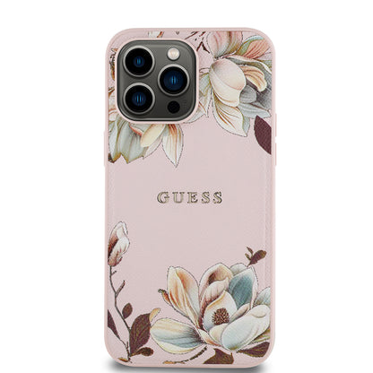Apple iPhone 14 Pro Max Kılıf Guess Orjinal Lisanslı M-safe Şarj Özellikli Taneli Çiçek Tasarımlı Metal Yazı Logolu Kapak Siyah