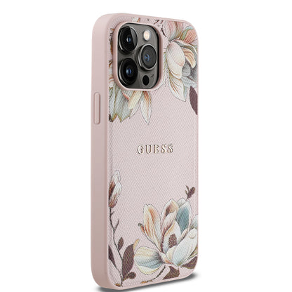 Apple iPhone 14 Pro Max Kılıf Guess Orjinal Lisanslı M-safe Şarj Özellikli Taneli Çiçek Tasarımlı Metal Yazı Logolu Kapak Siyah