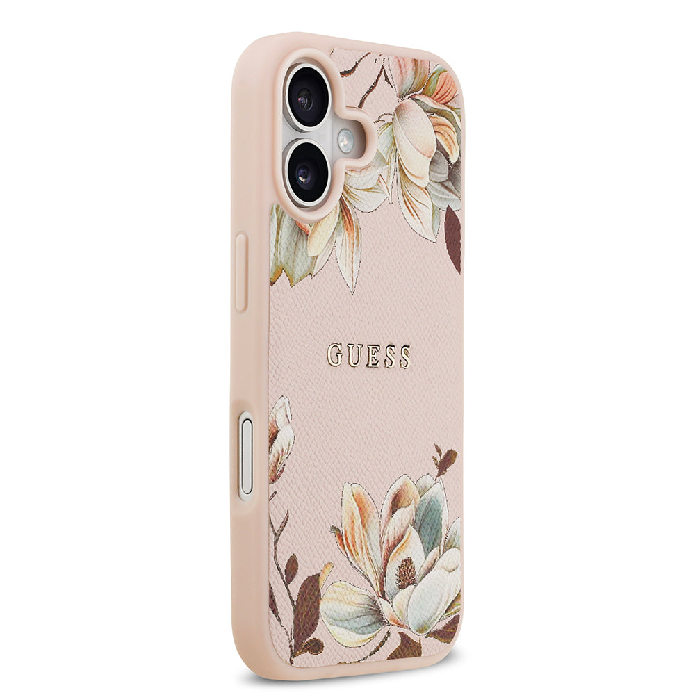 Apple iPhone 17 Kılıf Guess Orjinal Lisanslı M-safe Şarj Özellikli Taneli Çiçek Tasarımlı Metal Yazı Logolu Kapak Siyah