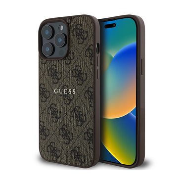 Apple iPhone 14 Pro Max Case Guess Original Licensed M-safe Charging Feature 4G Pattern Text Logo Cover Brown