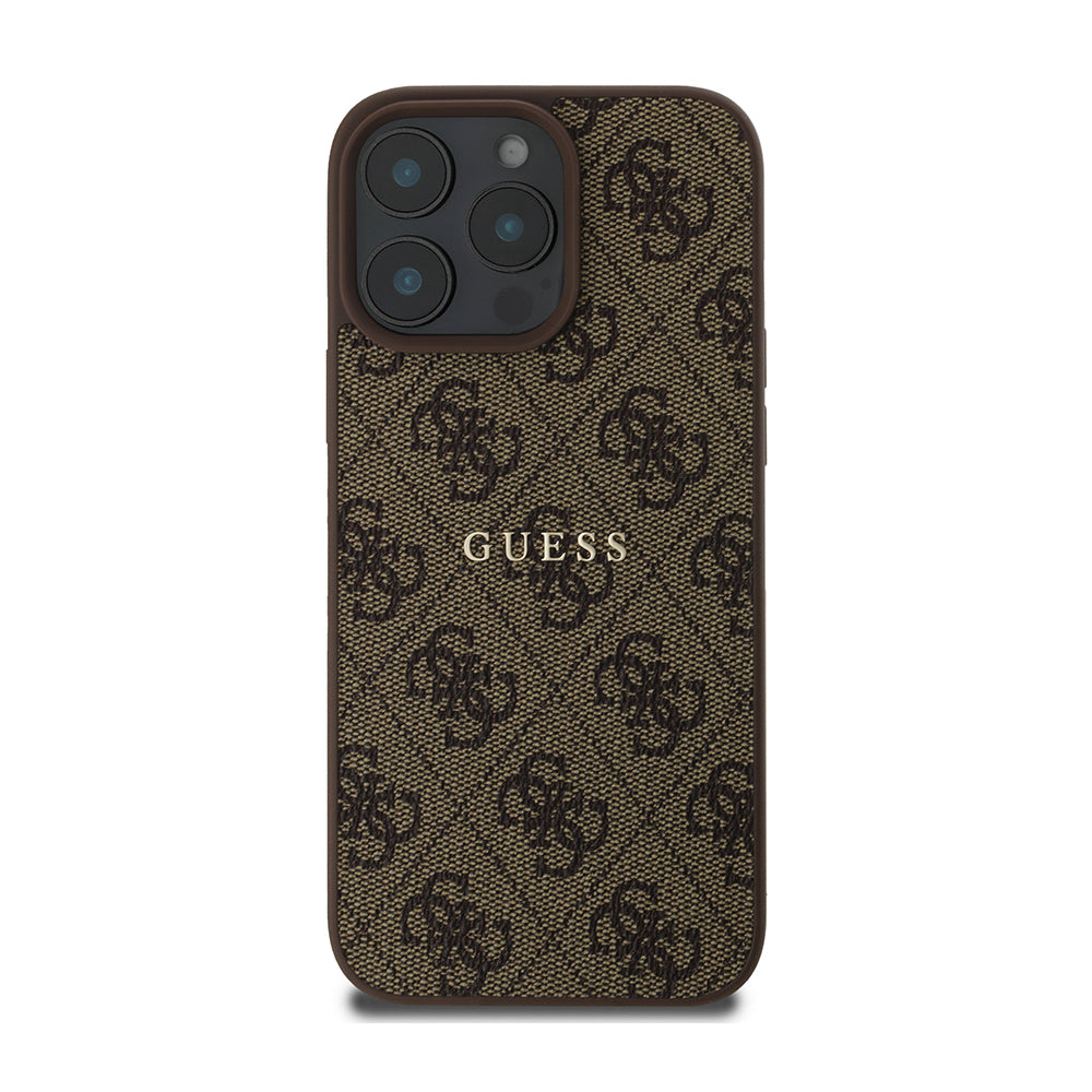 Apple iPhone 14 Pro Max Case Guess Original Licensed M-safe Charging Feature 4G Pattern Text Logo Cover Brown