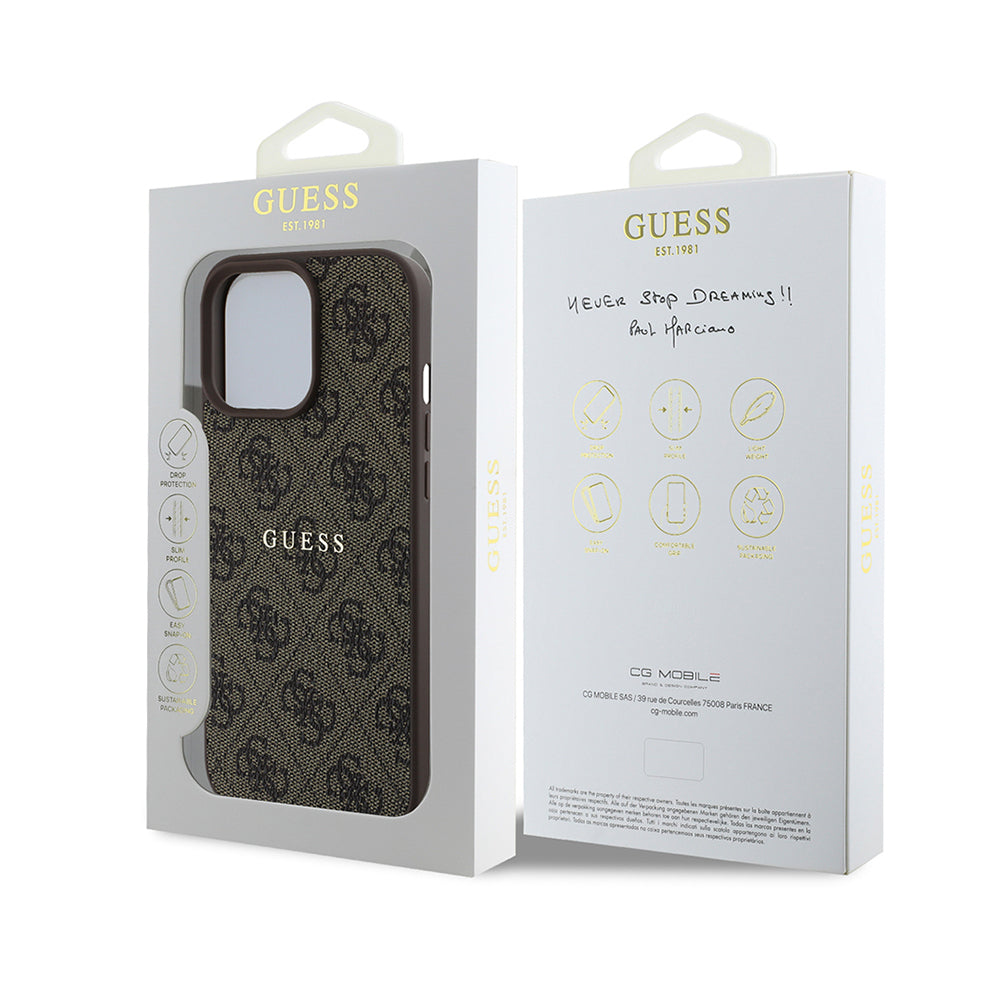 Apple iPhone 14 Pro Max Case Guess Original Licensed M-safe Charging Feature 4G Pattern Text Logo Cover Brown