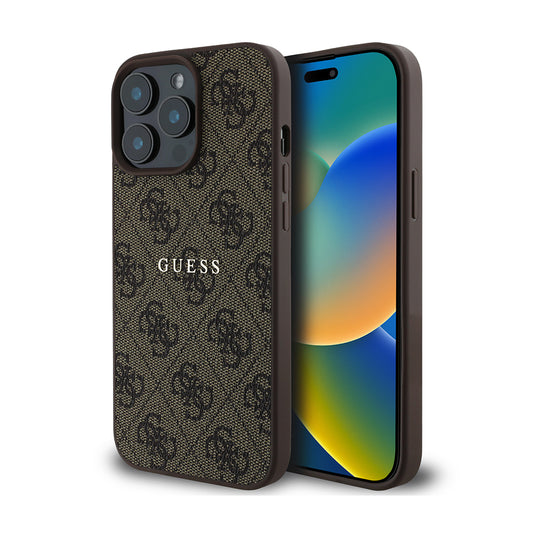 Apple iPhone 14 Pro Max Case Guess Original Licensed M-safe Charging Feature 4G Pattern Text Logo Cover Brown
