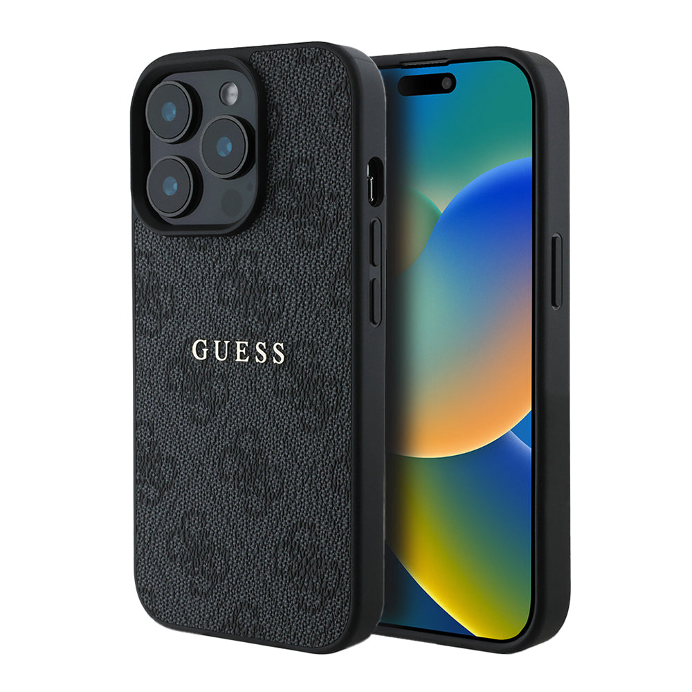Apple iPhone 14 Pro Max Case Guess Original Licensed M-safe Charging Feature 4G Pattern Text Logo Cover Black