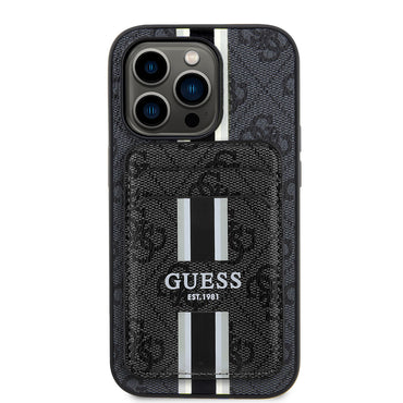 Apple iPhone 14 Pro Max Kılıf Guess Orjinal Lisanslı M-safe Şarj Özellikli 4G Desenli Çizgili Kartlıklı Kapak Siyah