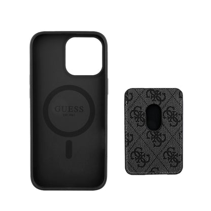 Apple iPhone 14 Pro Max Kılıf Guess Orjinal Lisanslı M-safe Şarj Özellikli 4G Desenli Çizgili Kartlıklı Kapak Siyah