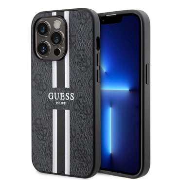 Apple iPhone 14 Pro Max Case Guess Original Licensed M-safe Charging Feature 4G Stripe Design Printed Cover Brown