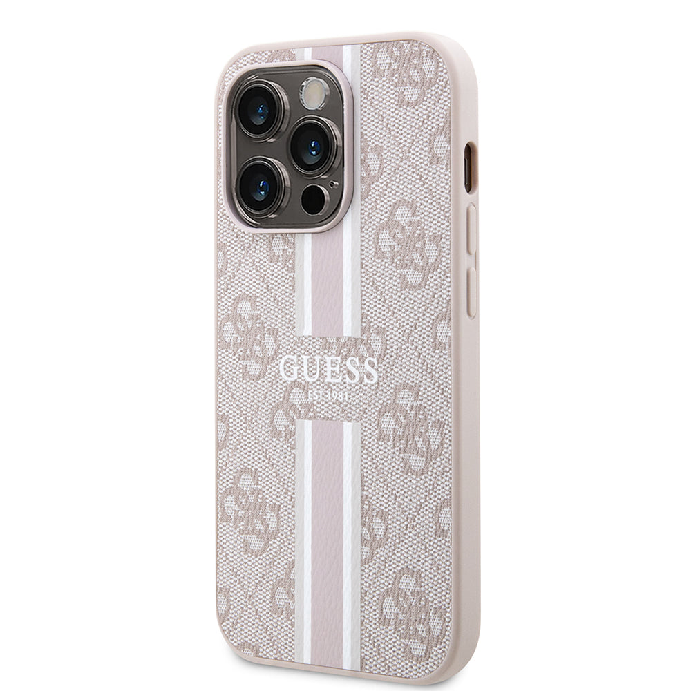 Apple iPhone 14 Pro Max Case Guess Original Licensed M-safe Charging Feature 4G Stripe Design Printed Cover Pink