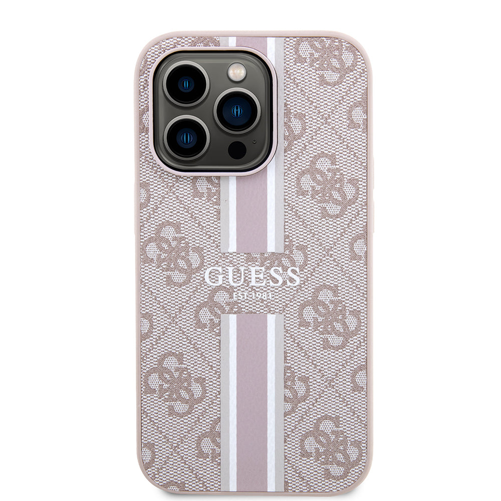 Apple iPhone 14 Pro Max Case Guess Original Licensed M-safe Charging Feature 4G Stripe Design Printed Cover Pink