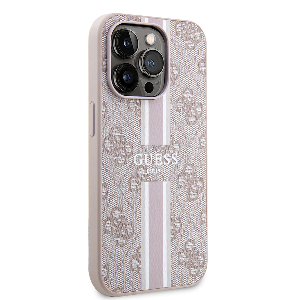 Apple iPhone 14 Pro Max Case Guess Original Licensed M-safe Charging Feature 4G Stripe Design Printed Cover Pink