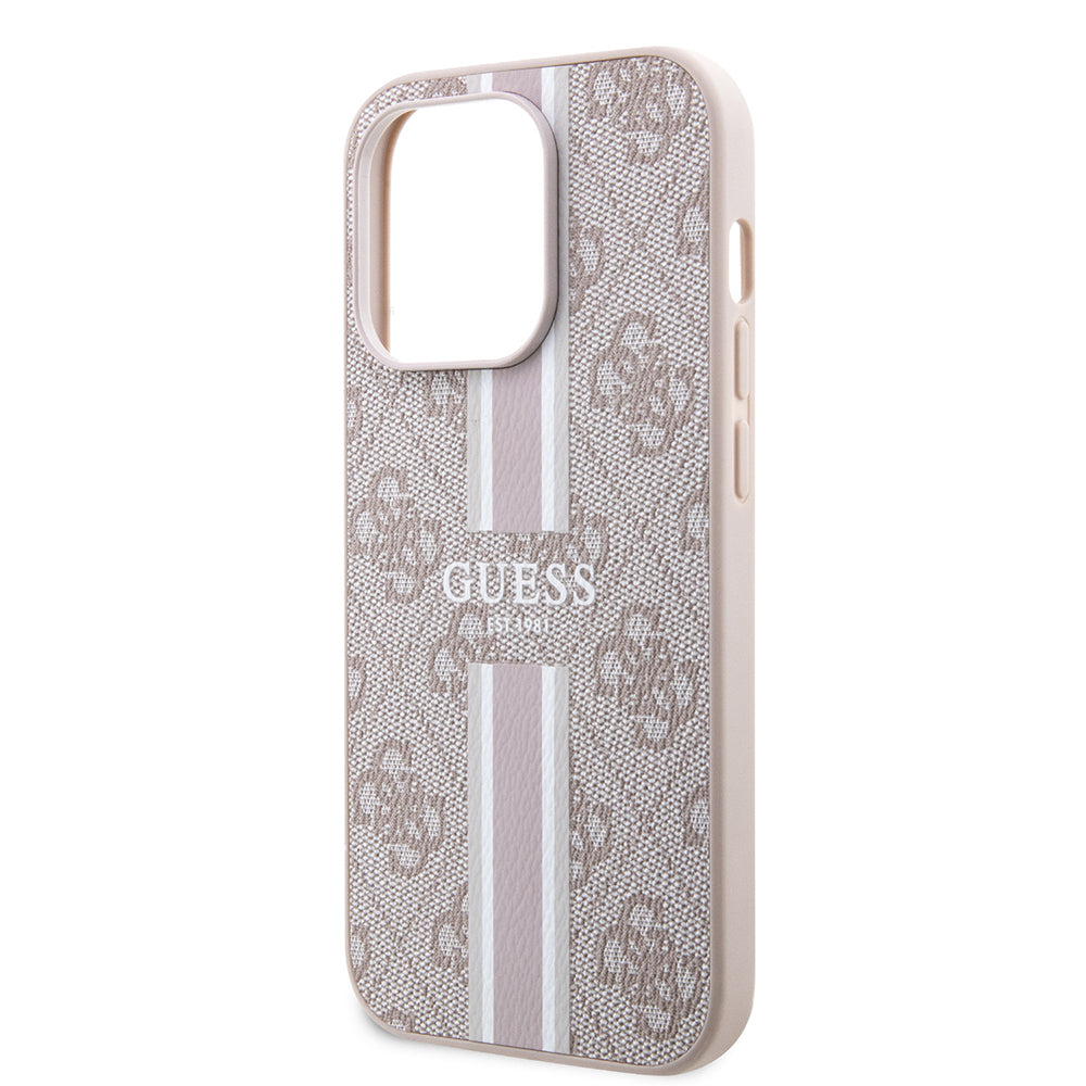 Apple iPhone 14 Pro Max Case Guess Original Licensed M-safe Charging Feature 4G Stripe Design Printed Cover Pink