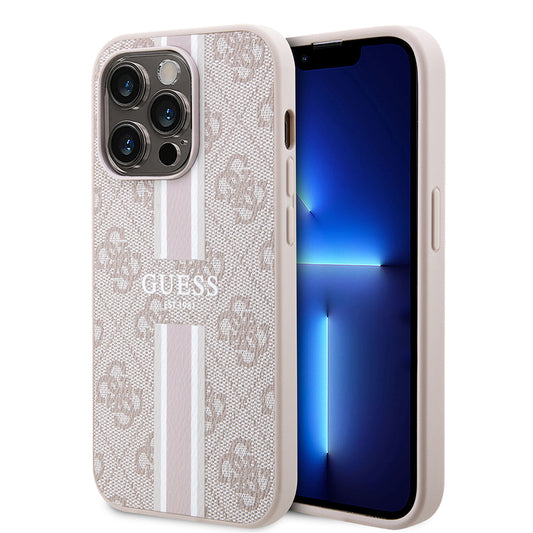 Apple iPhone 14 Pro Max Case Guess Original Licensed M-safe Charging Feature 4G Stripe Design Printed Cover Pink