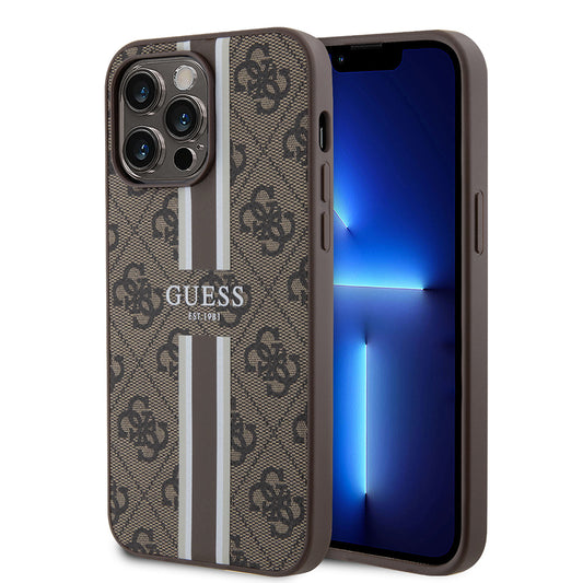 Apple iPhone 14 Pro Max Case Guess Original Licensed M-safe Charging Feature 4G Stripe Design Printed Cover Brown
