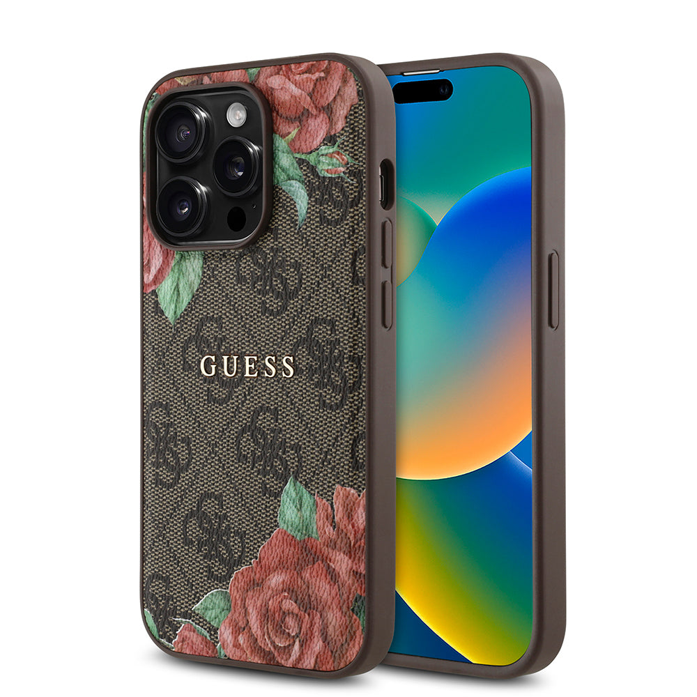 Apple iPhone 14 Pro Max Case Guess Original Licensed M-safe Charging Feature Rose Printed 4G Patterned Text Logo Cover Black