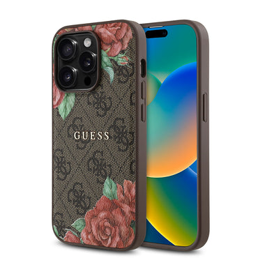 Apple iPhone 14 Pro Max Case Guess Original Licensed M-safe Charging Feature Rose Printed 4G Patterned Text Logo Cover Black