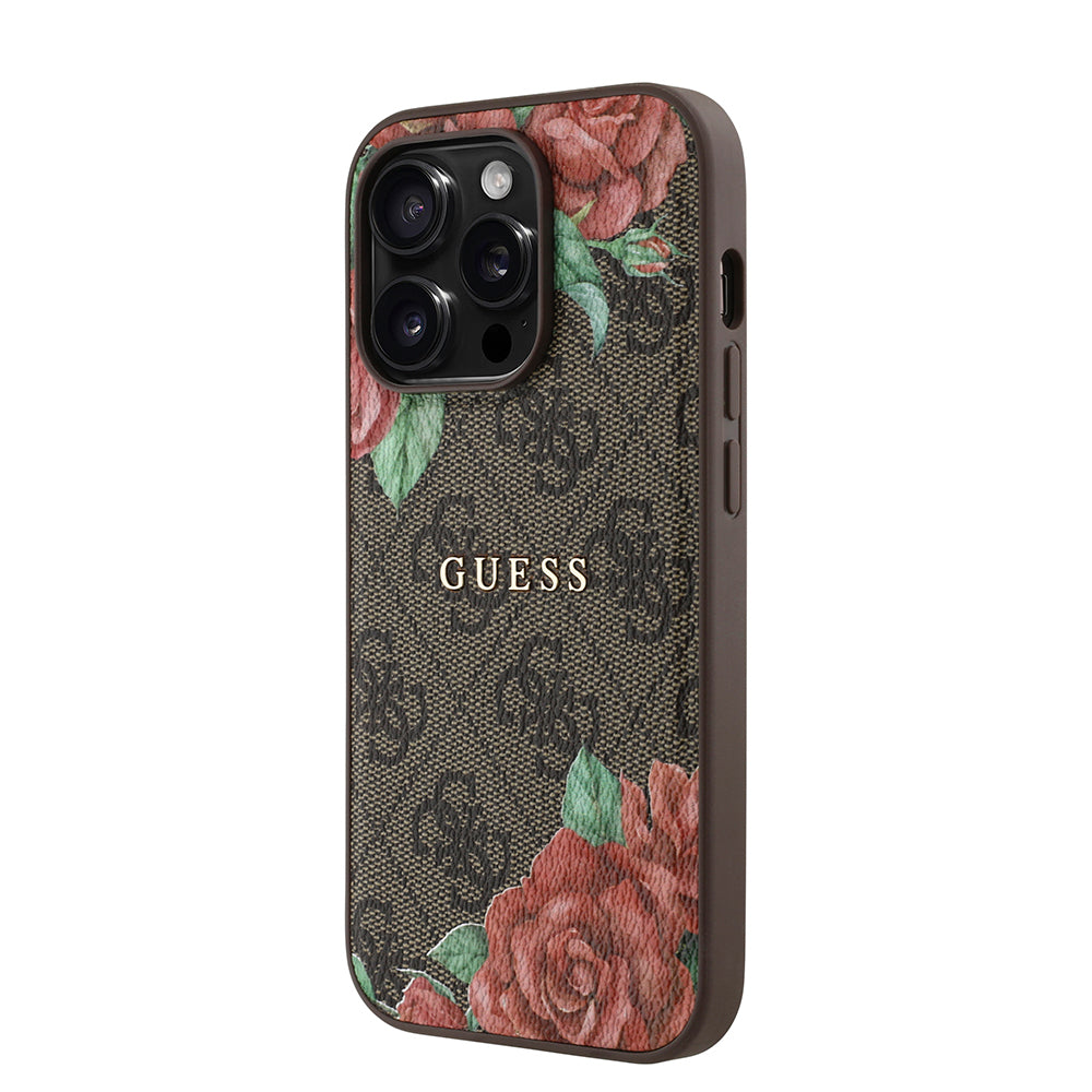 Apple iPhone 14 Pro Max Case Guess Original Licensed M-safe Charging Feature Rose Printed 4G Patterned Text Logo Cover Black