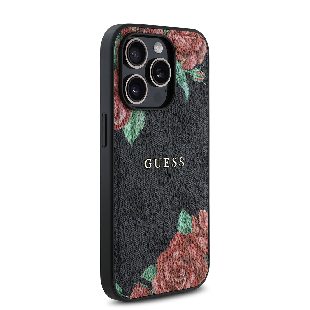 Apple iPhone 14 Pro Max Case Guess Original Licensed M-safe Charging Feature Rose Printed 4G Patterned Text Logo Cover Black
