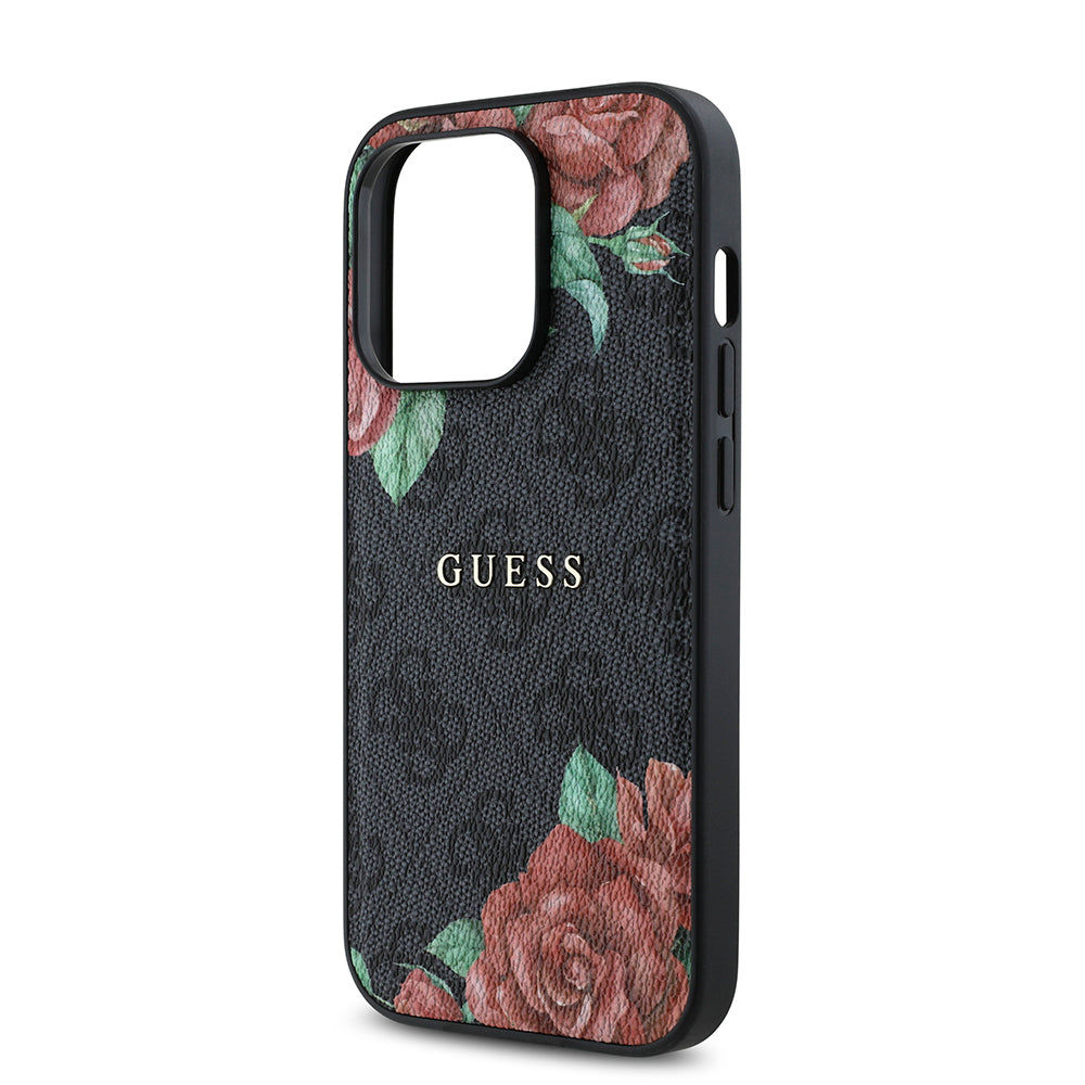 Apple iPhone 14 Pro Max Case Guess Original Licensed M-safe Charging Feature Rose Printed 4G Patterned Text Logo Cover Black