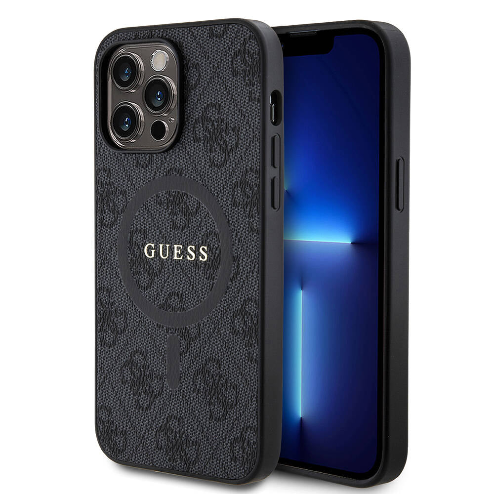 Apple iPhone 14 Pro Max Case Guess Original Licensed M-safe Charging Feature PU Ring 4G Patterned Text Logo Cover Brown