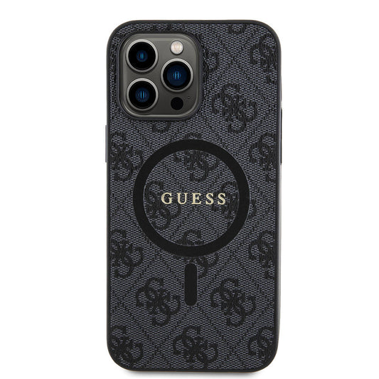 Apple iPhone 14 Pro Max Case Guess Original Licensed M-safe Charging Feature PU Ring 4G Patterned Text Logo Cover Black