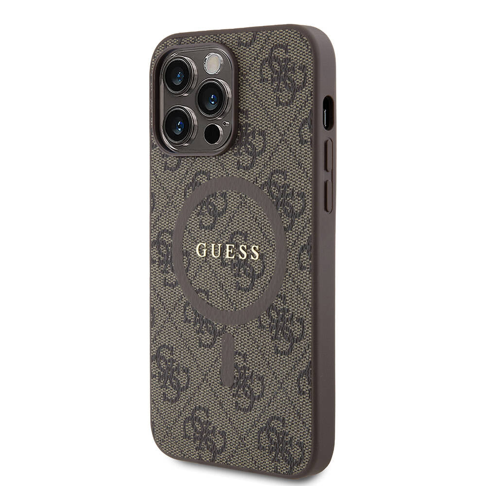 Apple iPhone 14 Pro Max Case Guess Original Licensed M-safe Charging Feature PU Ring 4G Patterned Text Logo Cover Brown