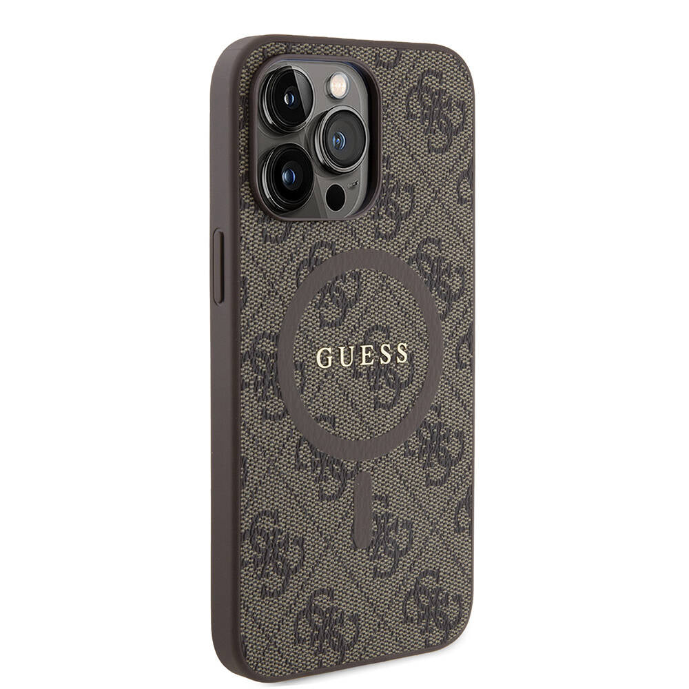 Apple iPhone 14 Pro Max Case Guess Original Licensed M-safe Charging Feature PU Ring 4G Patterned Text Logo Cover Brown