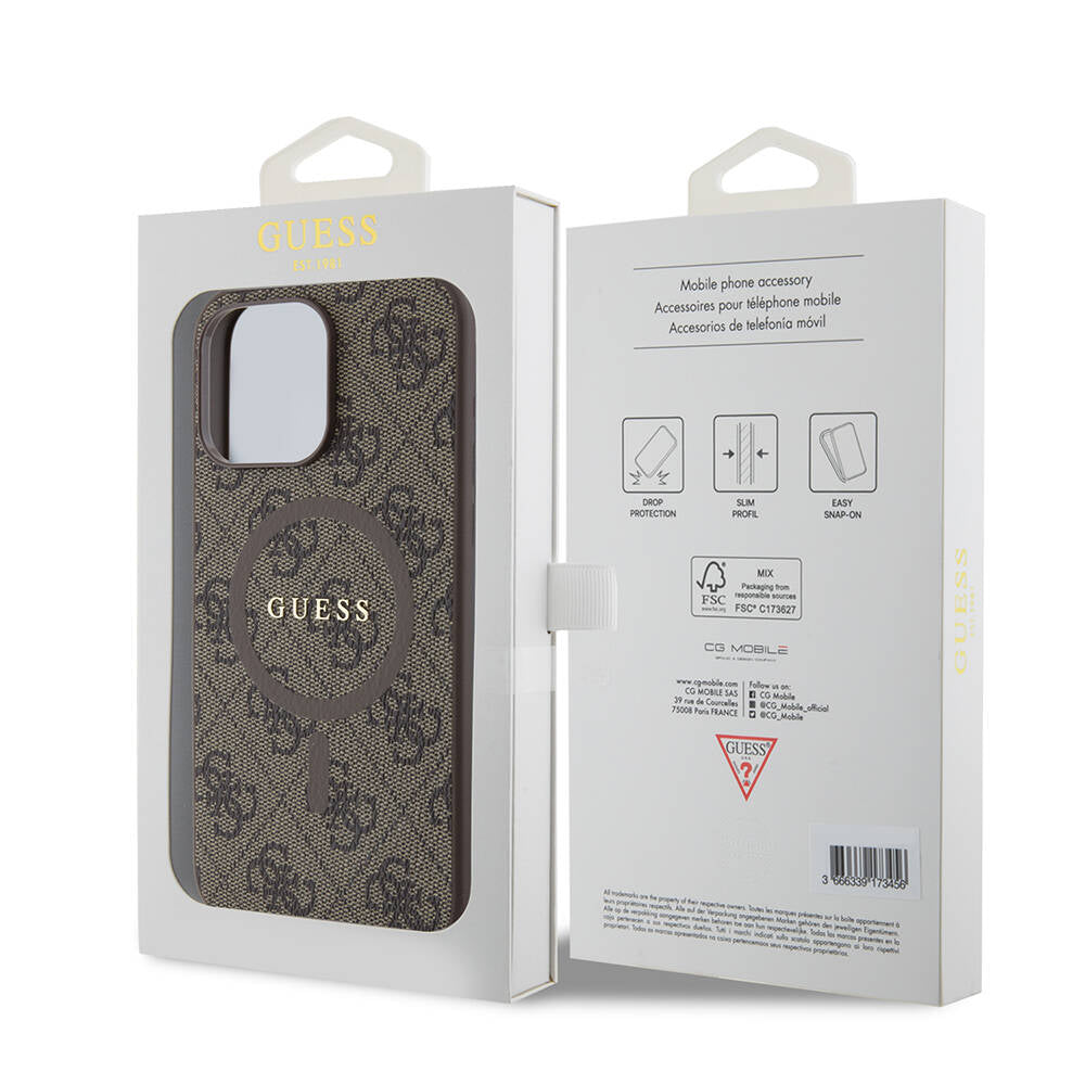 Apple iPhone 14 Pro Max Case Guess Original Licensed M-safe Charging Feature PU Ring 4G Patterned Text Logo Cover Brown