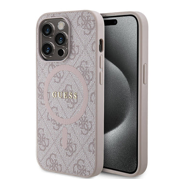 Apple iPhone 14 Pro Max Case Guess Original Licensed M-safe Charging Feature PU Ring 4G Patterned Text Logo Cover Pink