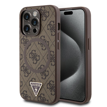 Apple iPhone 14 Pro Max Case Guess Original Licensed M-safe Charging Feature PU Triangle Logo 4G Patterned Cover Pink
