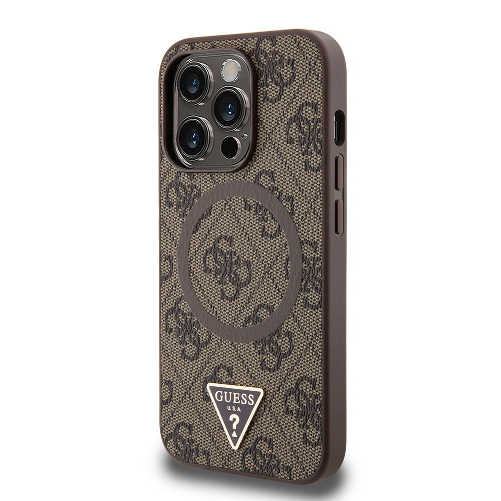 Apple iPhone 14 Pro Max Case Guess Original Licensed M-safe Charging Feature PU Triangle Logo 4G Patterned Cover Brown