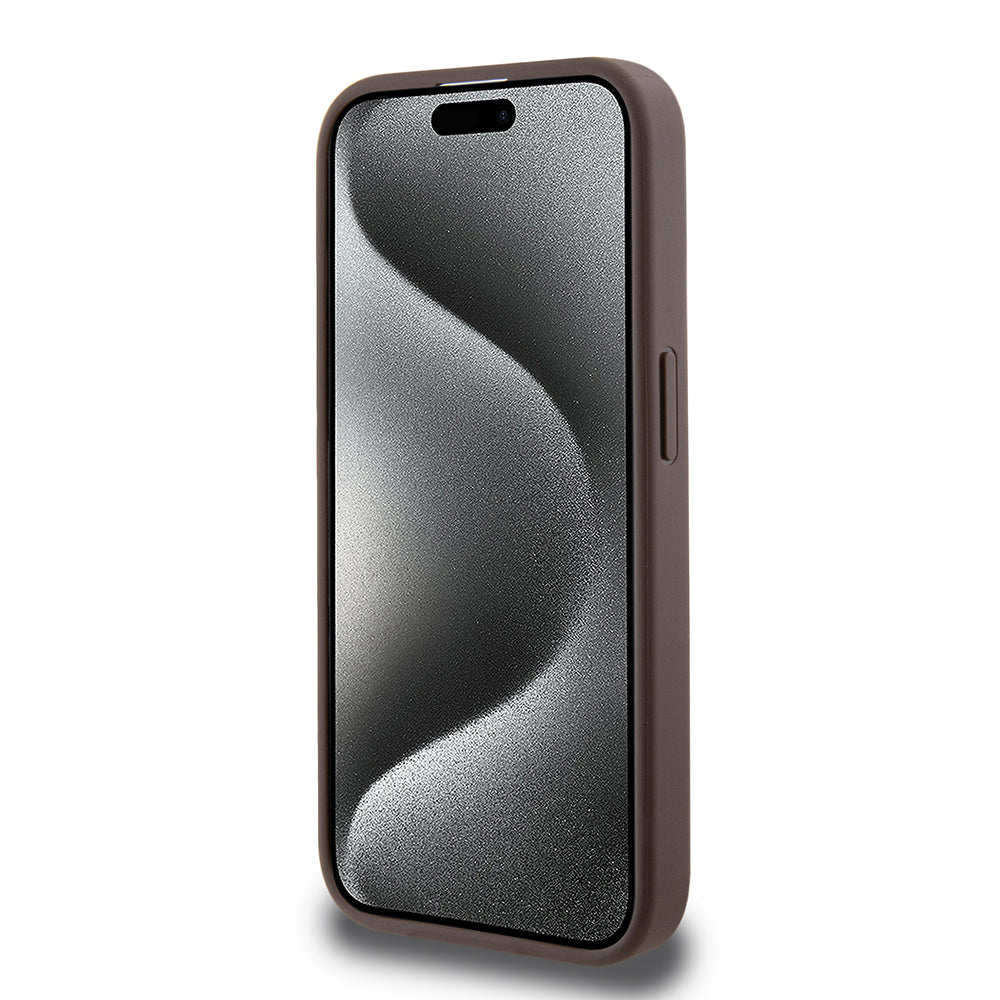 Apple iPhone 14 Pro Max Case Guess Original Licensed M-safe Charging Feature PU Triangle Logo 4G Patterned Cover Brown