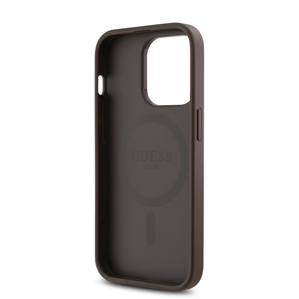 Apple iPhone 14 Pro Max Case Guess Original Licensed M-safe Charging Feature PU Triangle Logo 4G Patterned Cover Brown