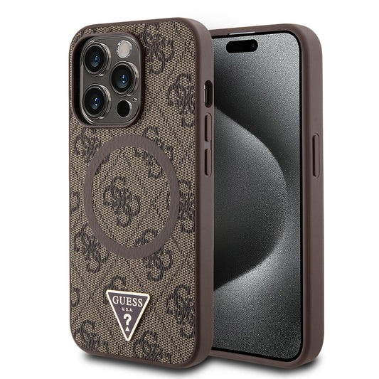 Apple iPhone 14 Pro Max Case Guess Original Licensed M-safe Charging Feature PU Triangle Logo 4G Patterned Cover Brown