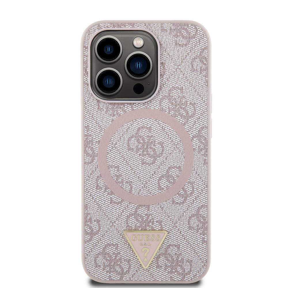 Apple iPhone 14 Pro Max Case Guess Original Licensed M-safe Charging Feature PU Triangle Logo 4G Patterned Cover Brown