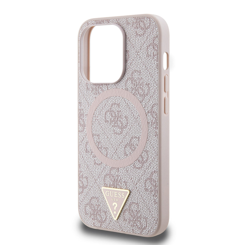 Apple iPhone 14 Pro Max Case Guess Original Licensed M-safe Charging Feature PU Triangle Logo 4G Patterned Cover Brown