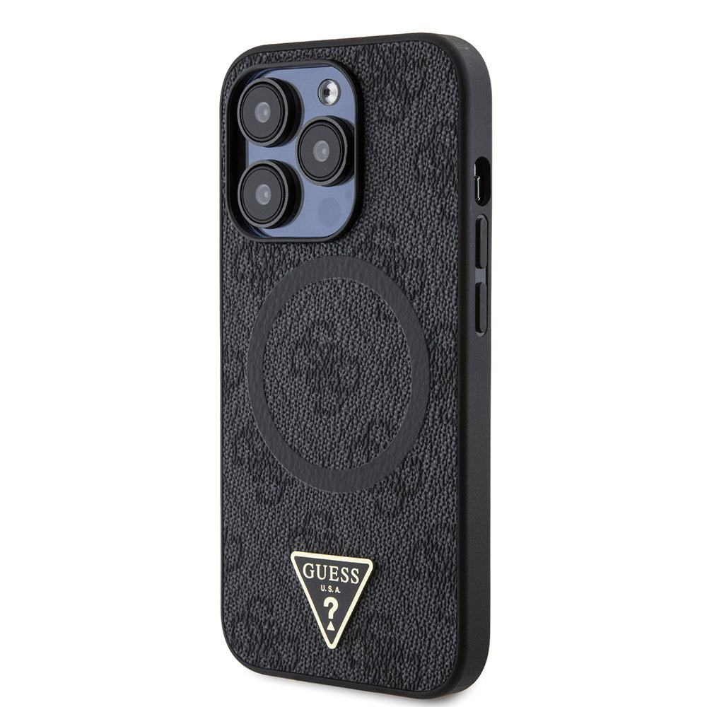 Apple iPhone 14 Pro Max Case Guess Original Licensed M-safe Charging Feature PU Triangle Logo 4G Patterned Cover Brown