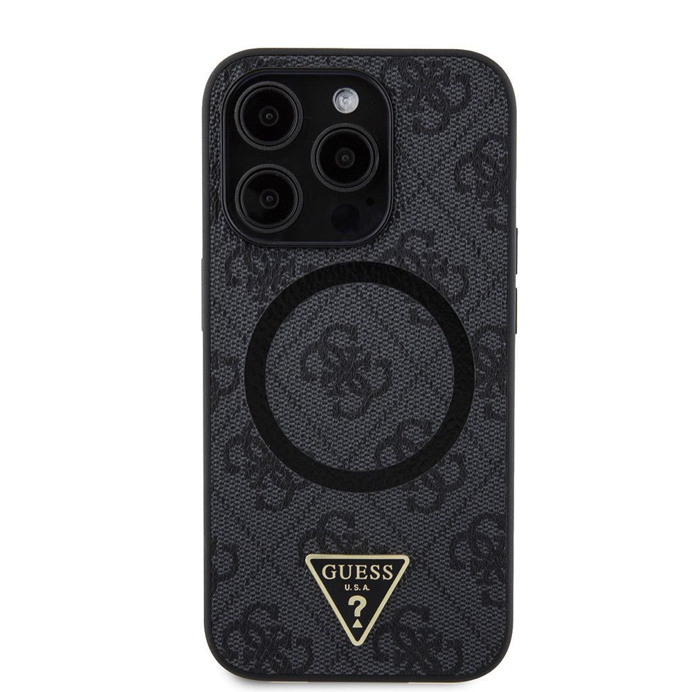 Apple iPhone 14 Pro Max Case Guess Original Licensed M-safe Charging Feature PU Triangle Logo 4G Patterned Cover Brown