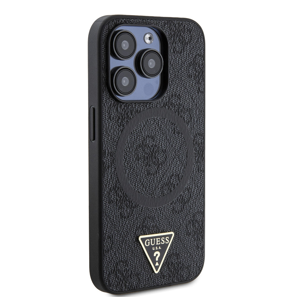 Apple iPhone 14 Pro Max Case Guess Original Licensed M-safe Charging Feature PU Triangle Logo 4G Patterned Cover Brown