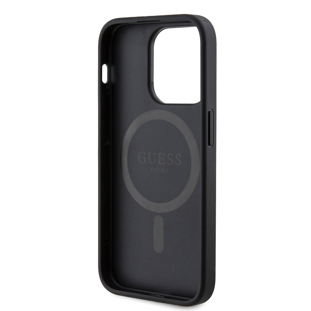 Apple iPhone 14 Pro Max Case Guess Original Licensed M-safe Charging Feature PU Triangle Logo 4G Patterned Cover Black