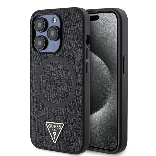 Apple iPhone 14 Pro Max Case Guess Original Licensed M-safe Charging Feature PU Triangle Logo 4G Patterned Cover Black