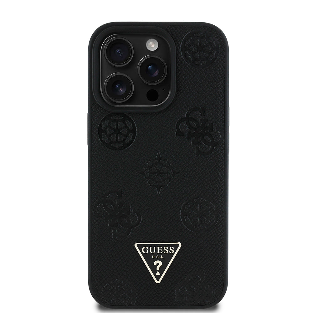 Apple iPhone 14 Pro Max Case Guess Original Licensed M-Safe Charging Feature Hot Printed Triangle Logo PU Leather Peony Cover Black