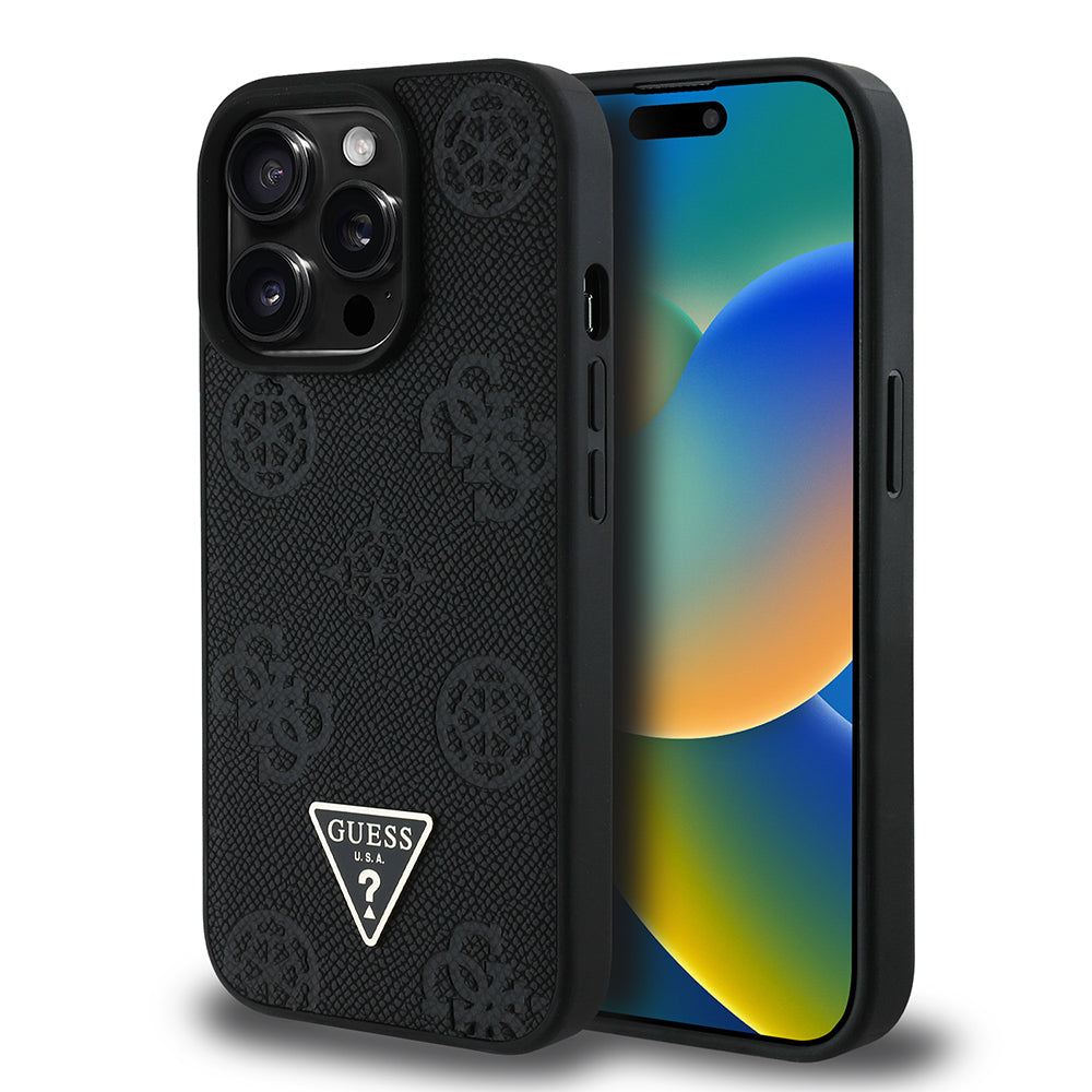 Apple iPhone 14 Pro Max Case Guess Original Licensed M-Safe Charging Feature Hot Printed Triangle Logo PU Leather Peony Cover Black