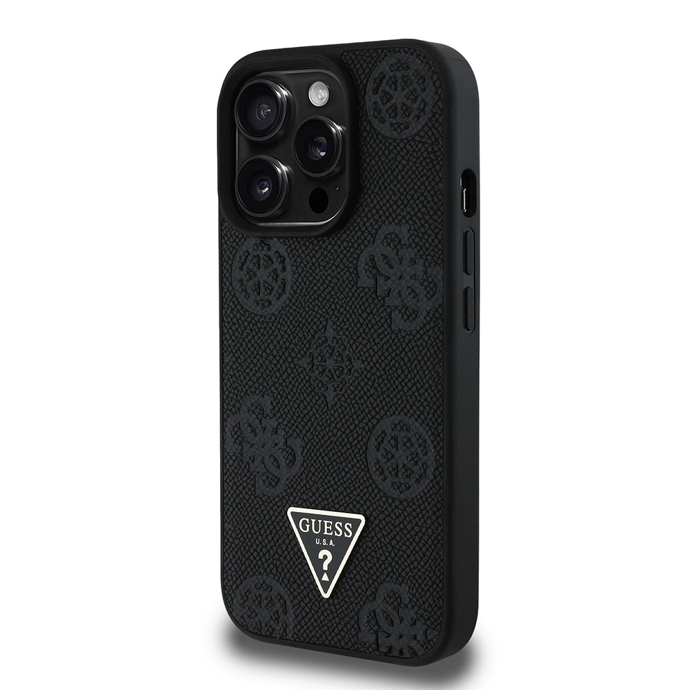 Apple iPhone 14 Pro Max Case Guess Original Licensed M-Safe Charging Feature Hot Printed Triangle Logo PU Leather Peony Cover Black