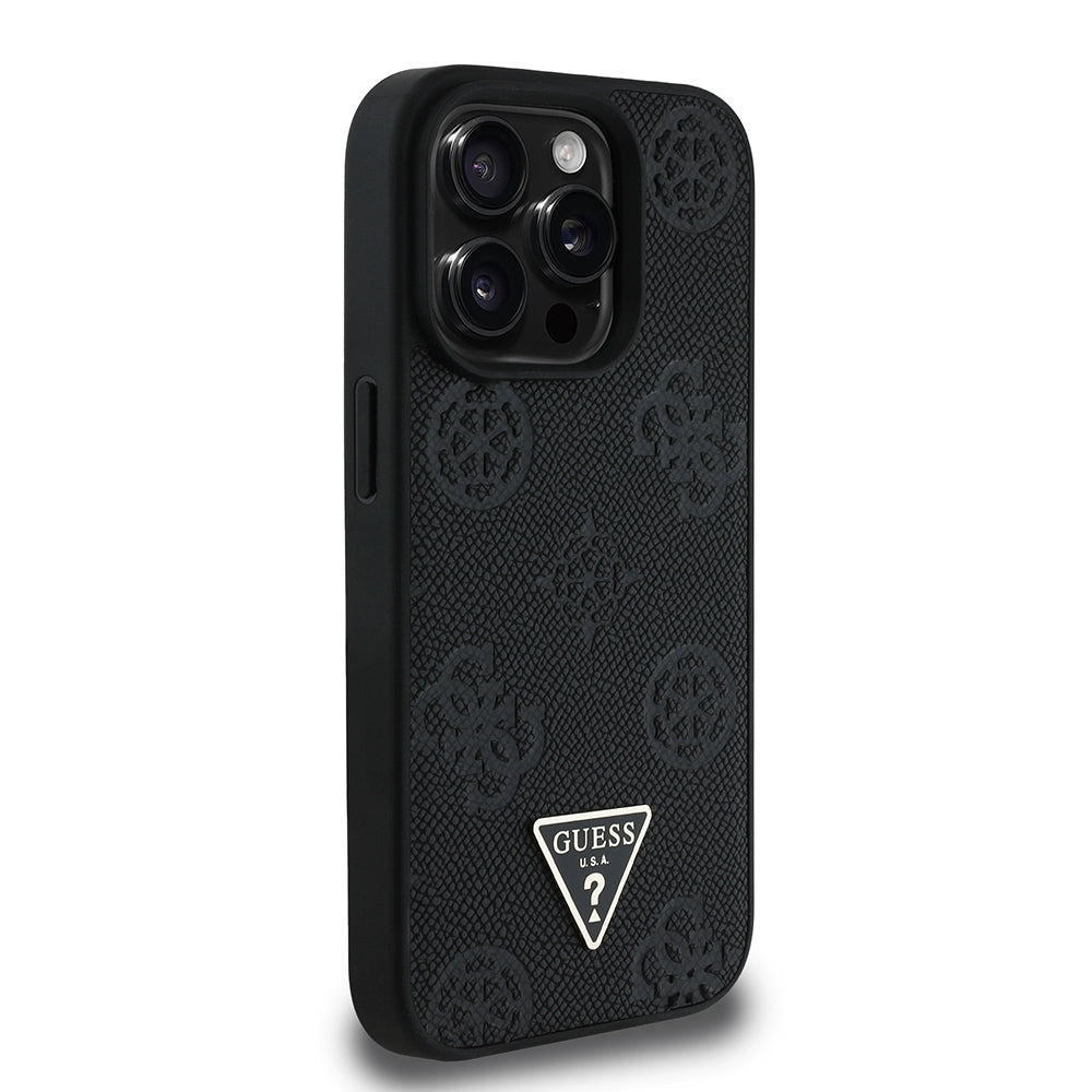 Apple iPhone 14 Pro Max Case Guess Original Licensed M-Safe Charging Feature Hot Printed Triangle Logo PU Leather Peony Cover Black
