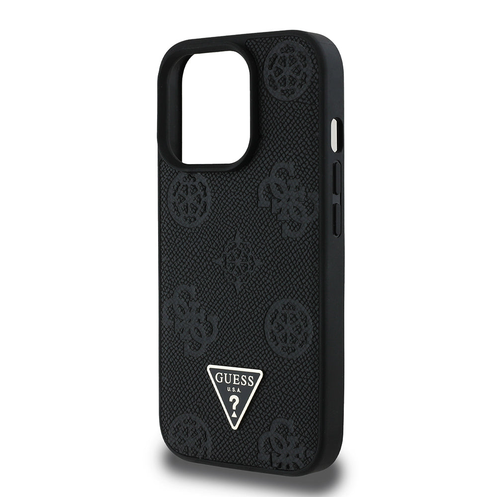 Apple iPhone 14 Pro Max Case Guess Original Licensed M-Safe Charging Feature Hot Printed Triangle Logo PU Leather Peony Cover Black